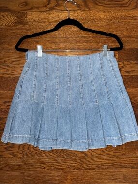 Light Blue Denim Pleated Mini Skirt - Women